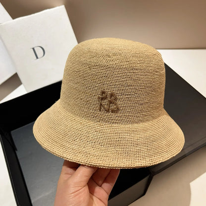 New Designer Raffia Straw Bucket Hat Women Beach Hat Female Korean Travel Sun Protection Breathable Fisherman Hat