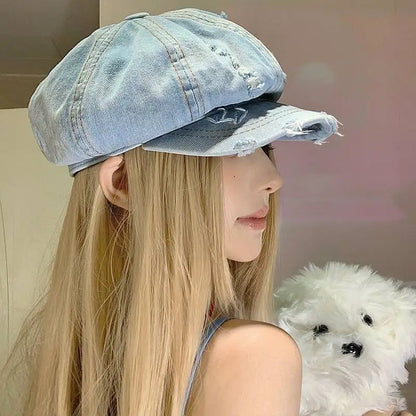 Retro Octagonal Cap Beret Women Washed Denim Newsboy Hat