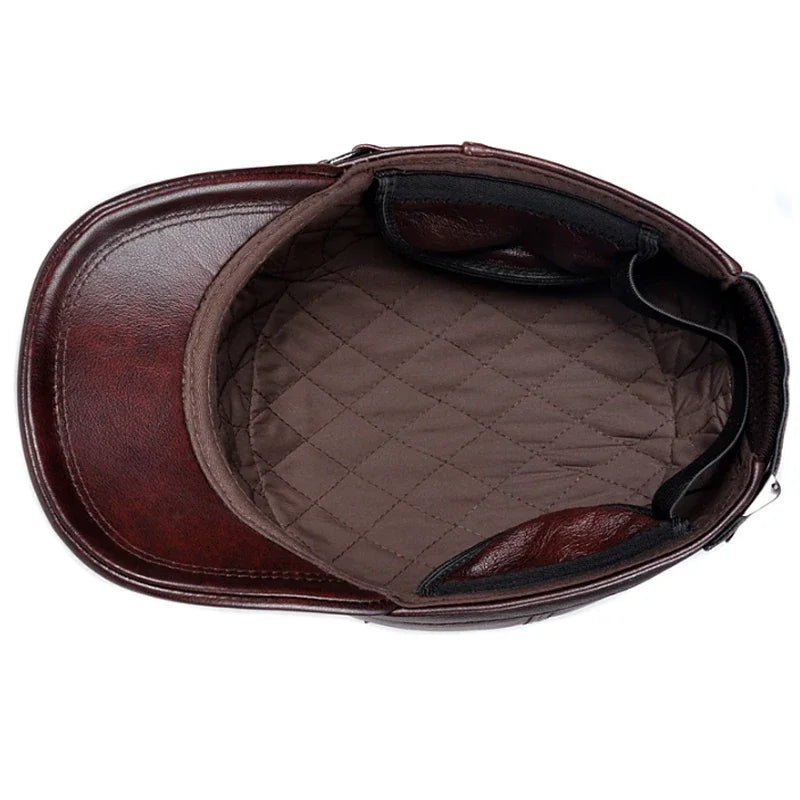 Winter Genuine Leather Cap Men's Flat Caps Military Hat
