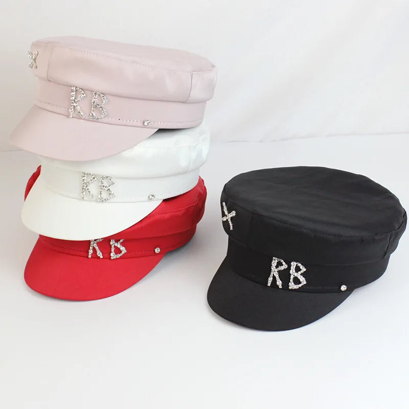 2025 Trendy Satin Letter RB Military Hats Crystal Flat Top Baker Boy Hat Visor
