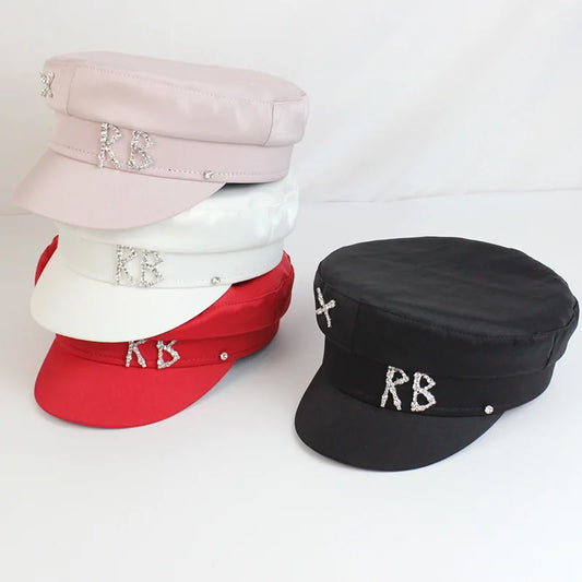 2025 Trendy Satin Letter RB Military Hats Crystal Flat Top Baker Boy Hat Visor