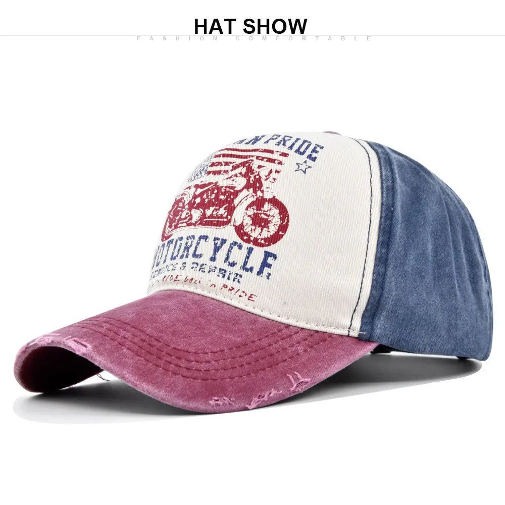 Vintage Washed Baseball Cap American Flag Motorcycle Print Distressed Dad Hat Outdoor Sun Cap Unisex