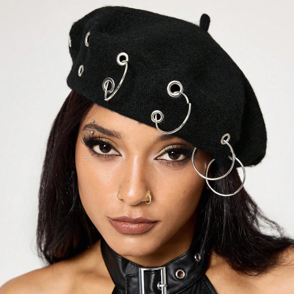 Personality Punk Style Beret Hat With Circular Hollow Rivet, Y2k Newsboy Caps