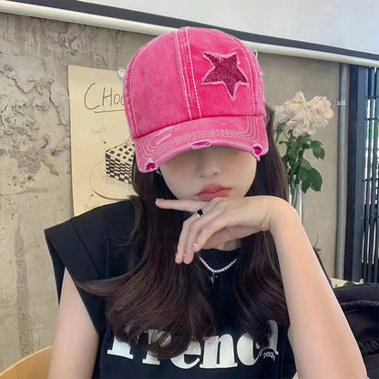Retro Y2k Star Washed Denim Hole Star Baseball Cap