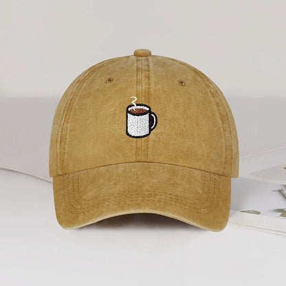 Embroidered Coffee Cup Print Washed Baseball Cap