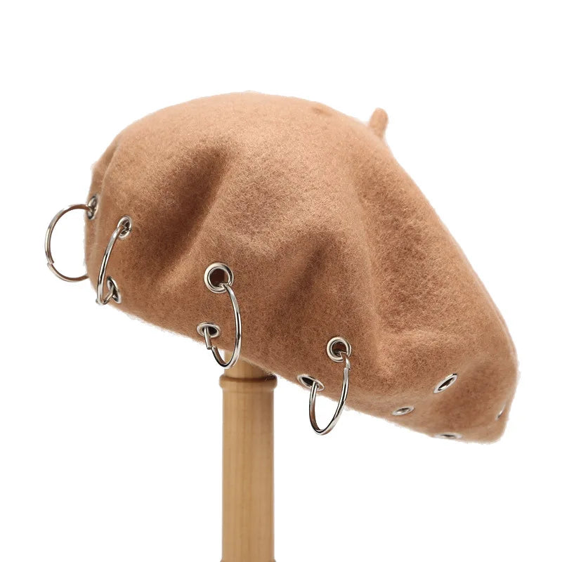 Personality Punk Style Beret Hat With Circular Hollow Rivet, Y2k Newsboy Caps