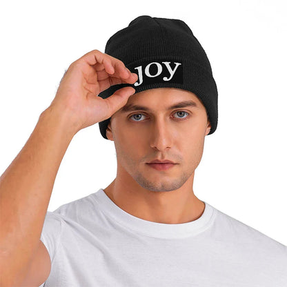 Joy Letter Patch Black Knitted Beanie Unisex Cuffed Winter Hat