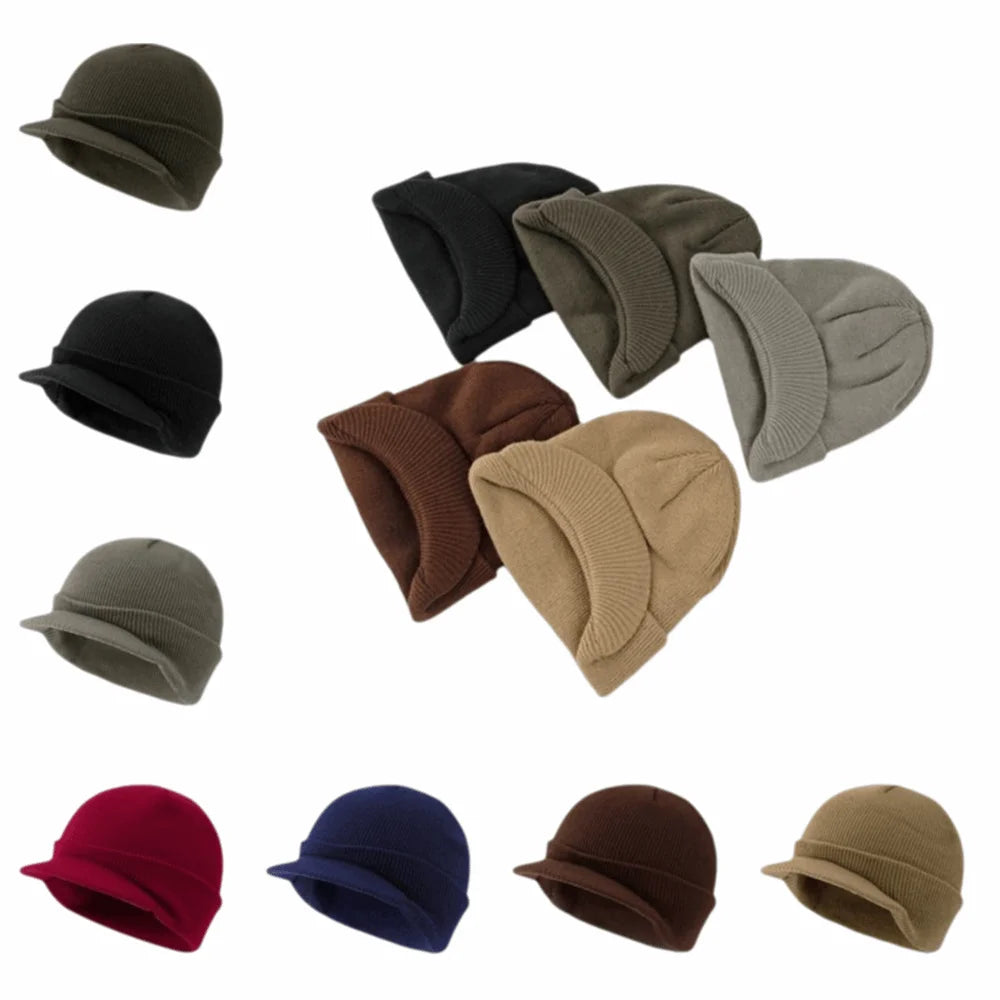 Solid Color Short Brim Beanie Cap Therma Soft Add Plush Lined Hat Outdoor