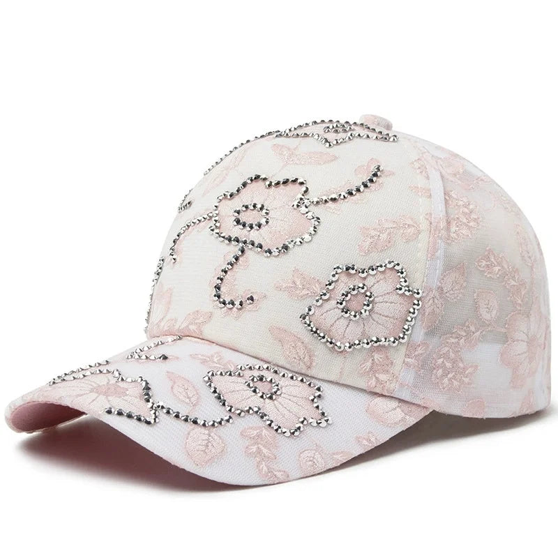 Women Baseball Cap Flower Print Rhinestone Lace