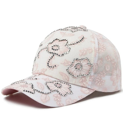 Women Baseball Cap Flower Print Rhinestone Lace