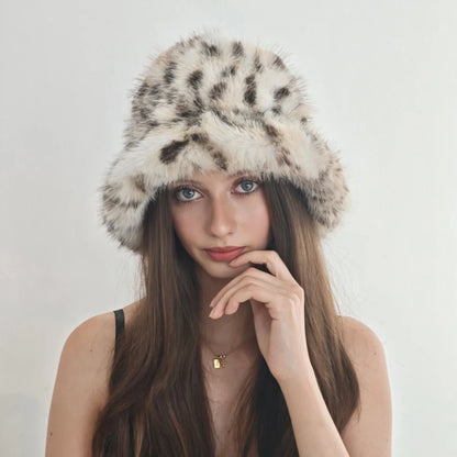 Women's Faux Fur Bucket Hat Leopard Print Soft Warm For Autumn Winter