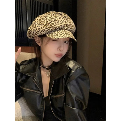 Y2K British Leopard Berets Vintage Octagonal Cap
