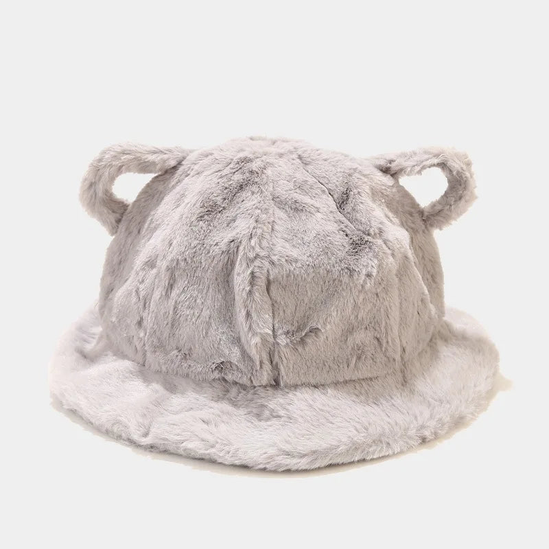 Women's Bucket Hat Winter Cute Cat Ear Plush Fisherman Cap