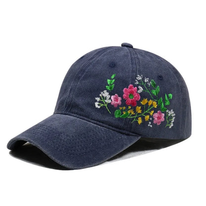 Vintage Flower Embroidery Baseball Cap Washed Cotton Adjustable