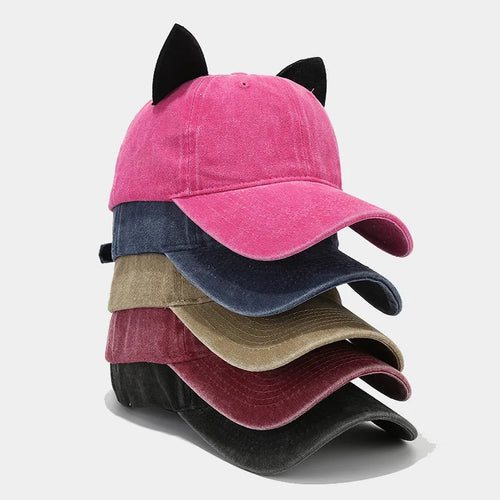 Washed Retro Cat Ear Baseball Cap Women