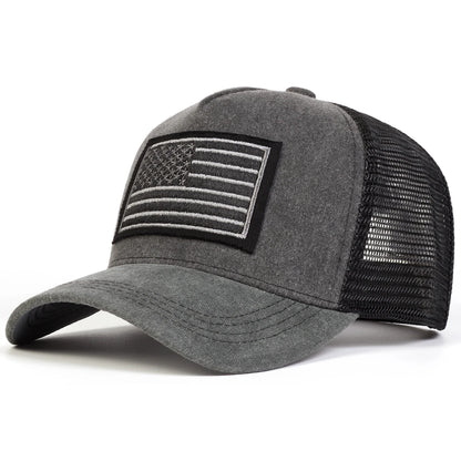 Unisex American Flag Embroidery Washed Baseball Net Caps Spring and Summer