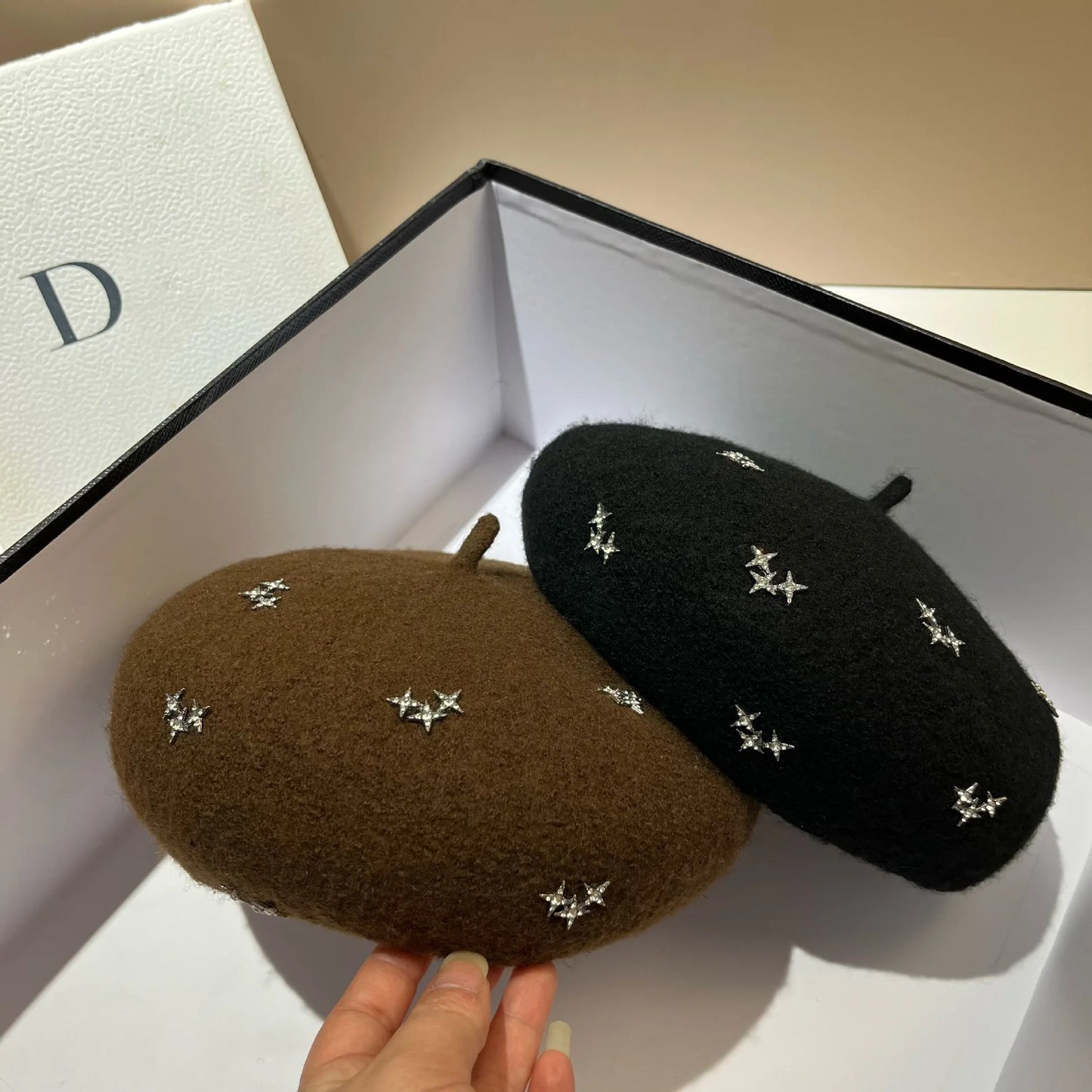 Luxury Rhinestone Stars Women's Wool Beret Winter Warm Beanie Hat