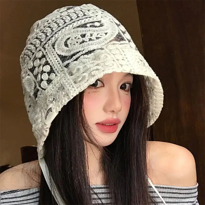 New Drawstring White Hollow Out Flower Bonnet Spring Women's Knitted
