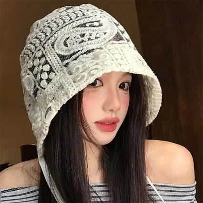 New Drawstring White Hollow Out Flower Bonnet Spring Women's Knitted