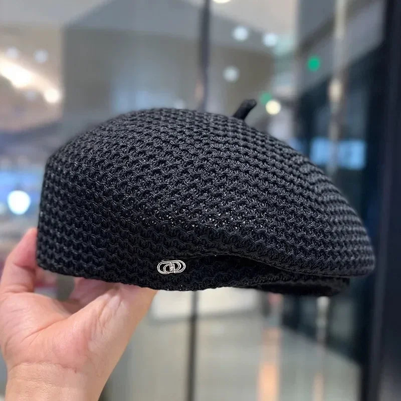 Women Fixed Pleated Paper Straw Beret Summer