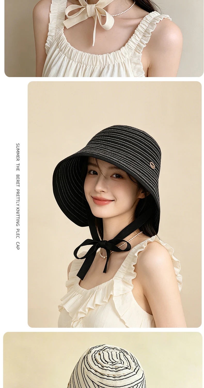 Korean Striped Fisherman Hat Summer Outdoor Travel Sun Hat Japanese Strap Wrapped Around the Brim Sun Hat