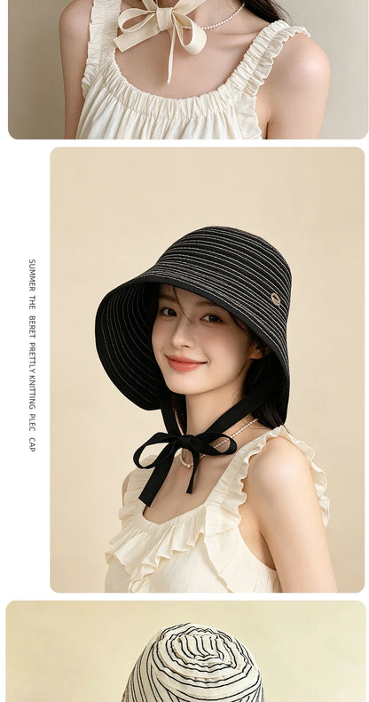 Korean Striped Fisherman Hat Summer Outdoor Travel Sun Hat Japanese Strap Wrapped Around the Brim Sun Hat