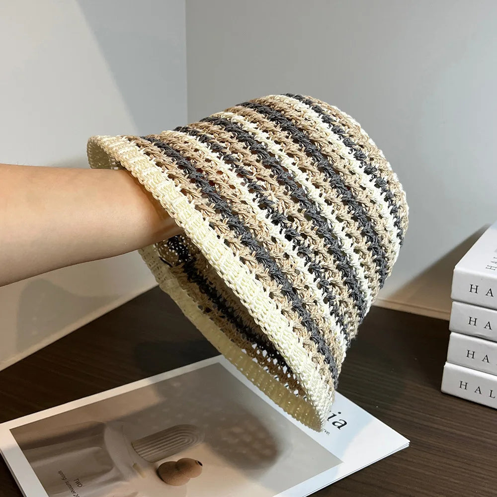 Women Summer Bucket Hat Hollow Out Knitted Fisherman Caps