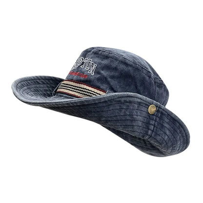 Washed Denim Bucket Hat Boston Embroidery Wide Brim Sun Hat