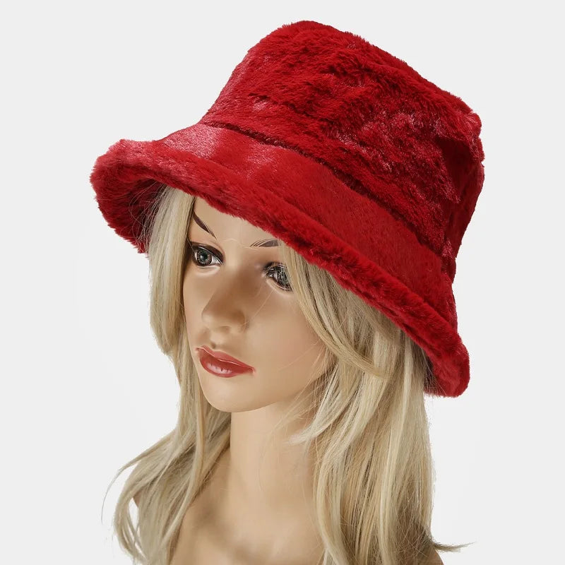 Faux Rabbit Fur Bucket Hat Lady Winter Warm Soft Panama Hat