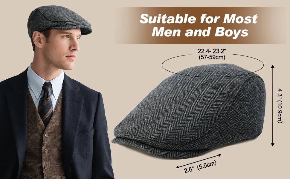 Men's Herringbone Flat Ivy Newsboy Hat Wool Blend Gatsby Cabbie Cap