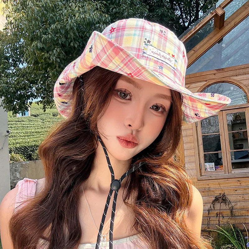 New Retro Plaid Fisherman Hat Woman's Spring And Summer