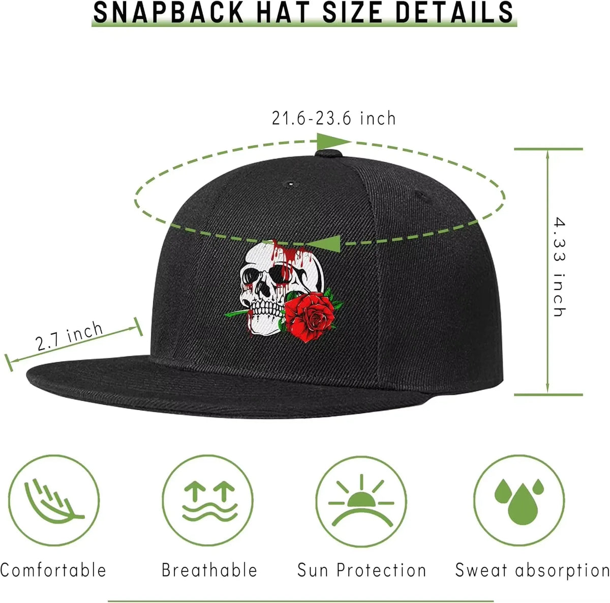 Flat Bill Hats For Men Snapback Skull Hats Black Hat For Teen Boys Skateboard Hats Baseball Cap