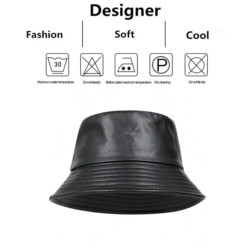 Unisex Solid Color Personality Pu Leather Bucket Hats Fishermen Caps Outdoor