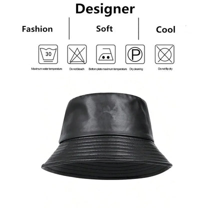 Unisex Solid Color Personality Pu Leather Bucket Hats Fishermen Caps Outdoor