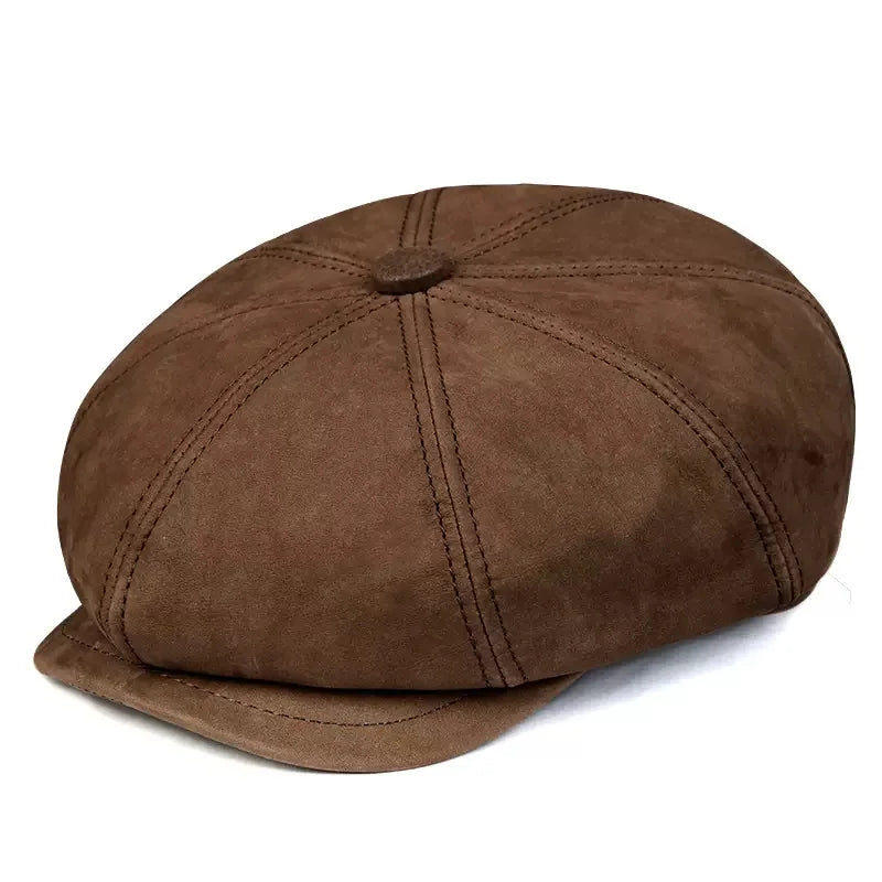 Leather Hat Beret Men Autumn British Retro Cowhide Octagonal Hat