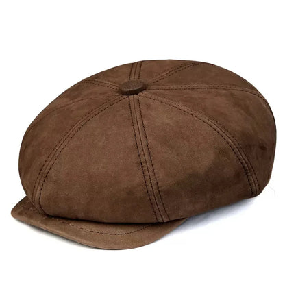 Leather Hat Beret Men Autumn British Retro Cowhide Octagonal Hat