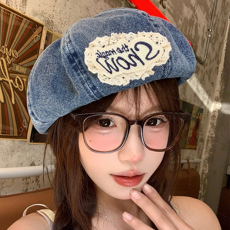 High Quality Retro Washed Denim Beret Women's