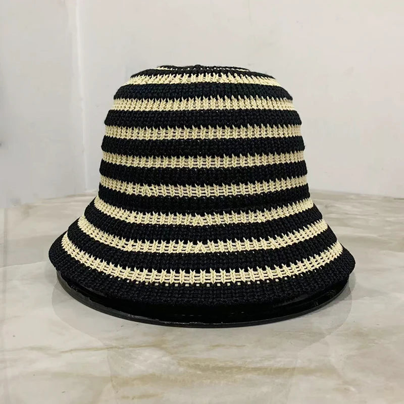 Striped Hollow Women Bucket Hat Spring Summer Outdoor