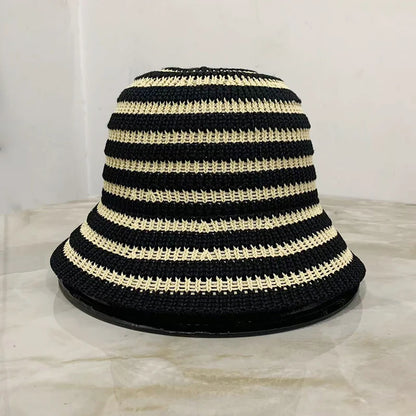 Striped Hollow Women Bucket Hat Spring Summer Outdoor