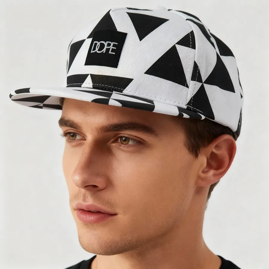 Black White Geometric Triangle Print Snapback Hat Flat Brim Hip Hop Adjustable Streetwear Sun Hat