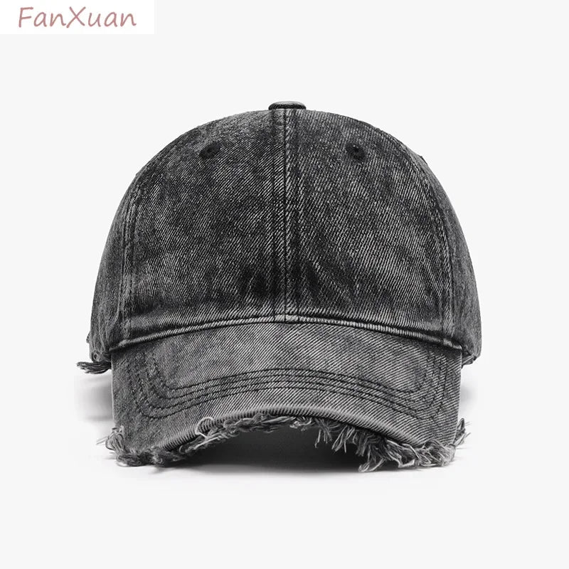Women Men Baseball Cap Denim Cotton Faded Distressed Ripped Caps