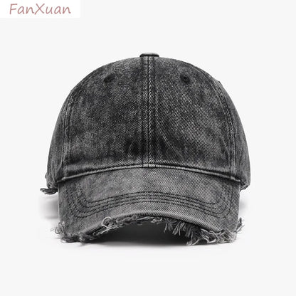 Women Men Baseball Cap Denim Cotton Faded Distressed Ripped Caps