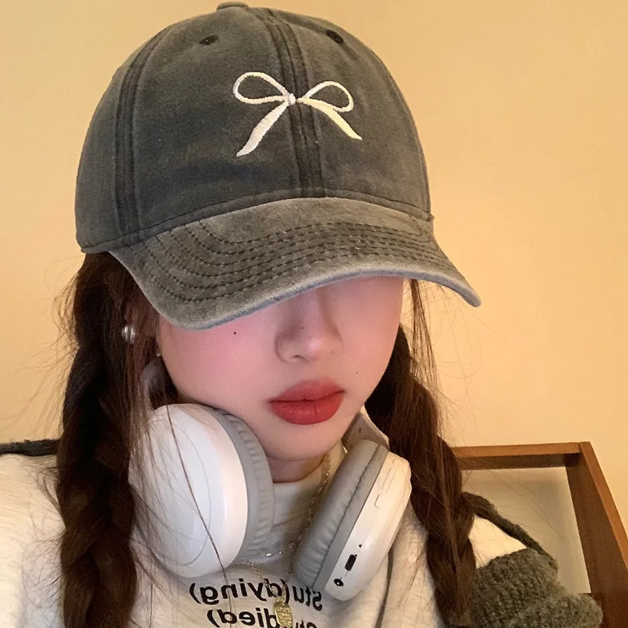Women Washed Cotton Cap Bow Knot Embroidery Vintage Baseball Cap Female