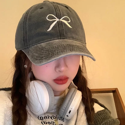 Women Washed Cotton Cap Bow Knot Embroidery Vintage Baseball Cap Female