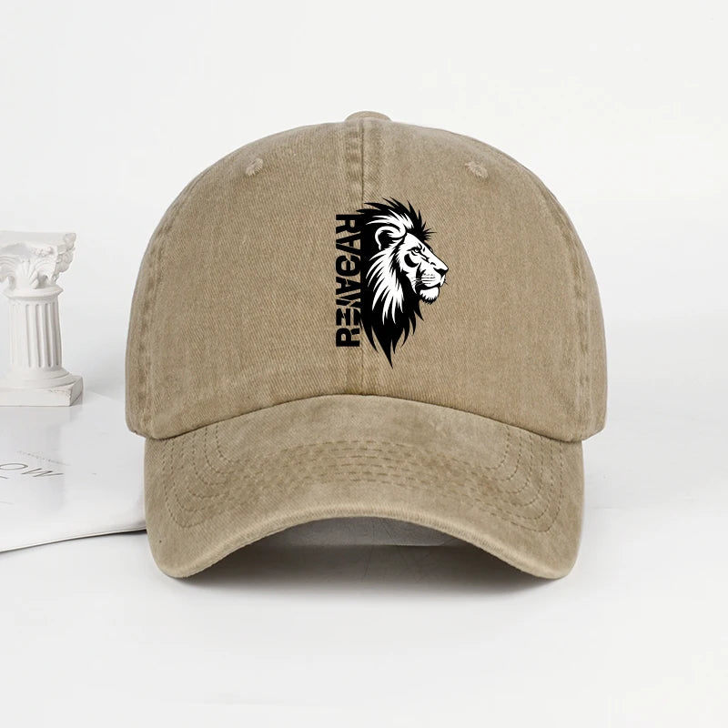 Lion Head RAWR Slogan Printed Washed Baseball Cap Soft Comfortable Lightweight Breathable Adjustable Bold Retro Powerful