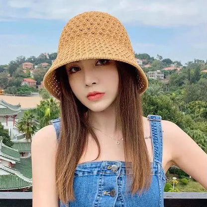 Straw Dome Weave Bucket Hat Hollow Out Breathable Sun Hats