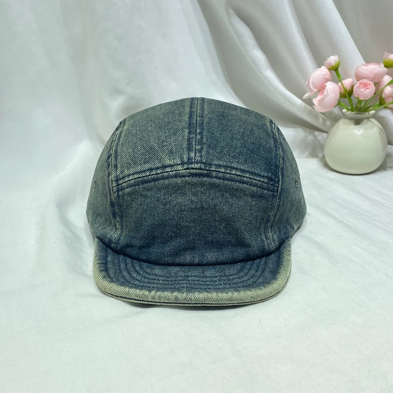 Retro Short-Brimmed Washed And Distressed Denim Baseball Cap
