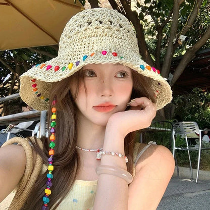 Women Crochet Straw Bucket Hat-Colorful Beaded Sun Hat
