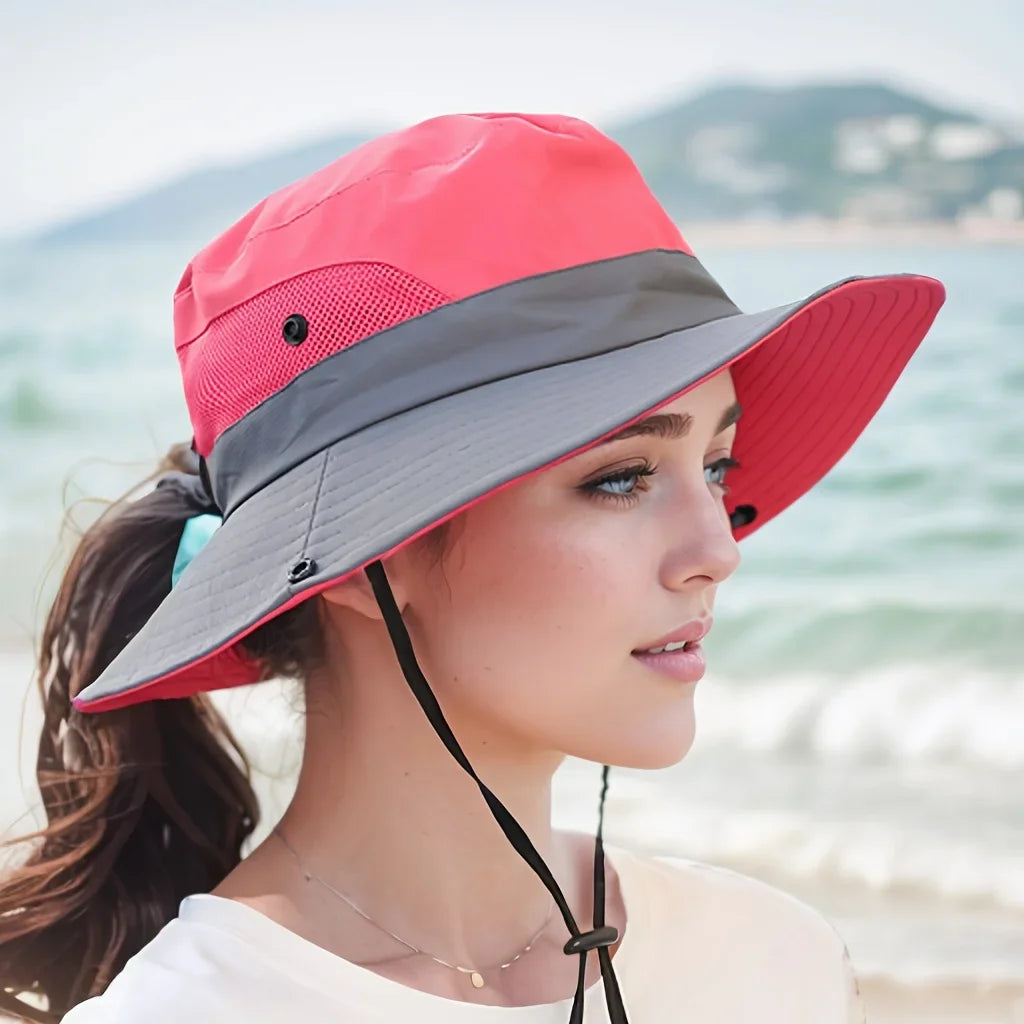 Women's Dual-Tone Sun Hat with Ponytail Hole for Spring, Summer