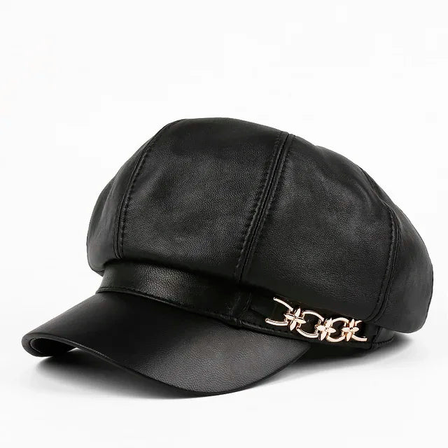 Harajuku Women Spring Octagonal Hat Female British Retro Genuine Leather Beret Caps